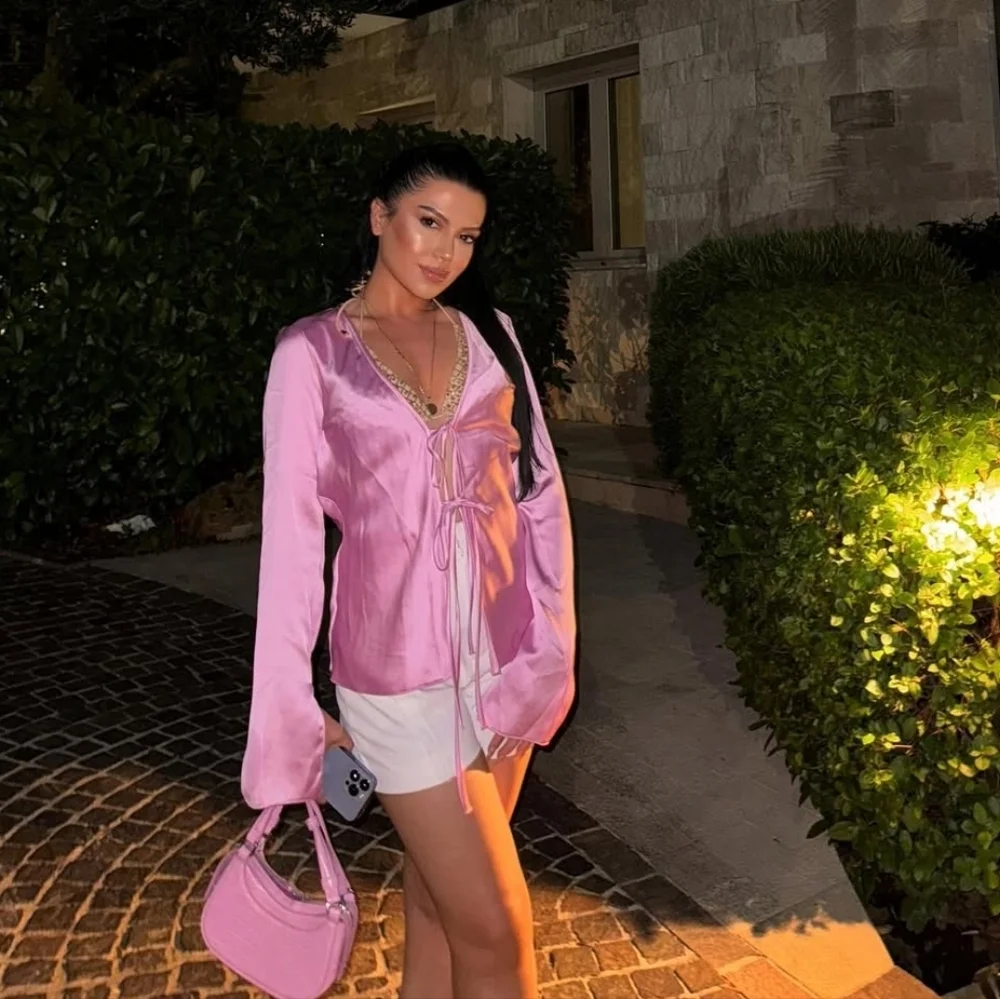 Zara Pink Satin Tie-Front Top Size XXL